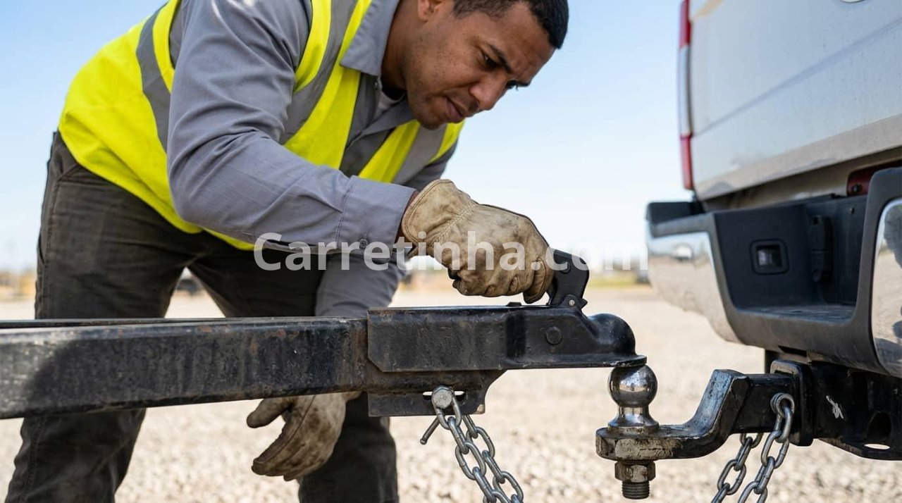 Técnico conectando corrente de segurança reforçada a um ponto próprio de fixação no engate do veículo.