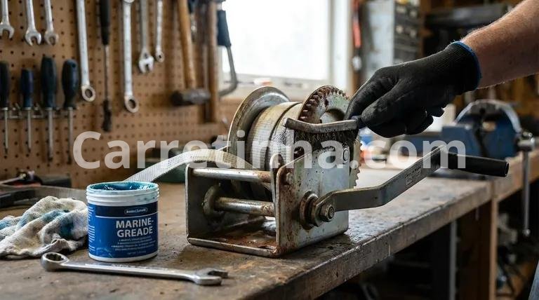 técnico removendo resíduos das engrenagens de uma catraca manual durante a manutenção de um reboque náutico.