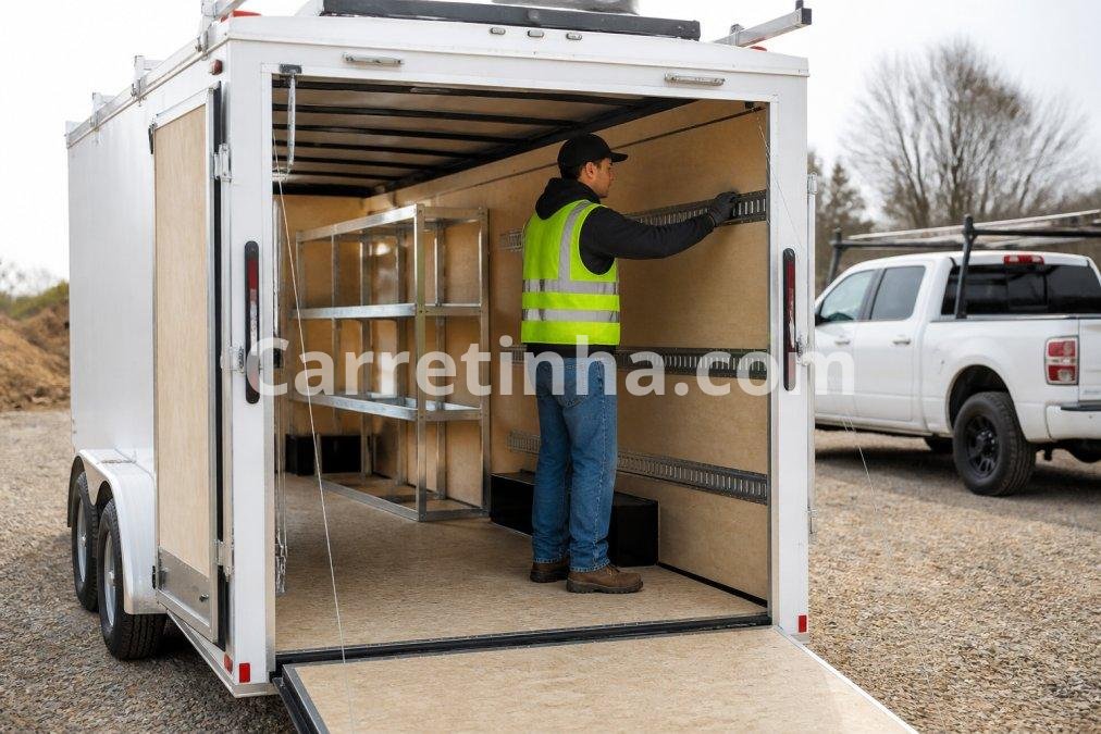 Empreendedor confere as dimensões internas do compartimento de carga para avaliar se o reboque comporta caixas e encomendas utilizadas na rotina de entregas.