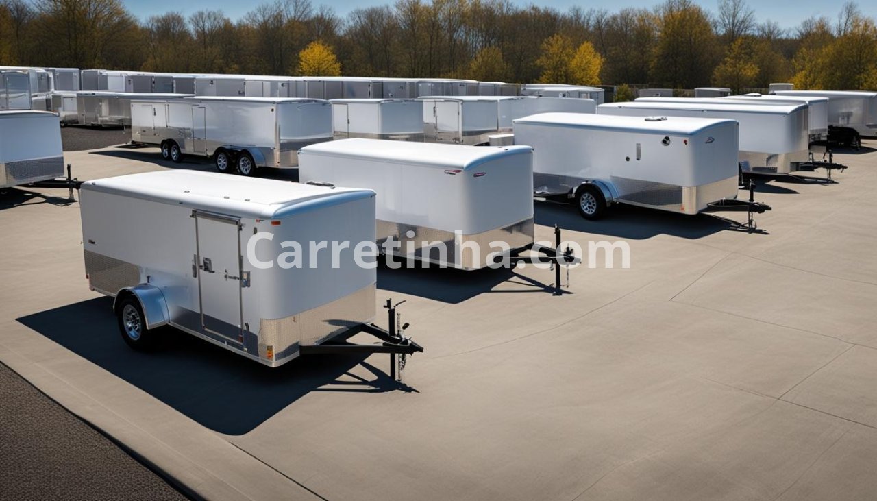 Frota organizada de reboques de diferentes modelos em um pátio de locadora, representando uma empresa que deseja divulgar seus equipamentos e conquistar novos contratos de aluguel.