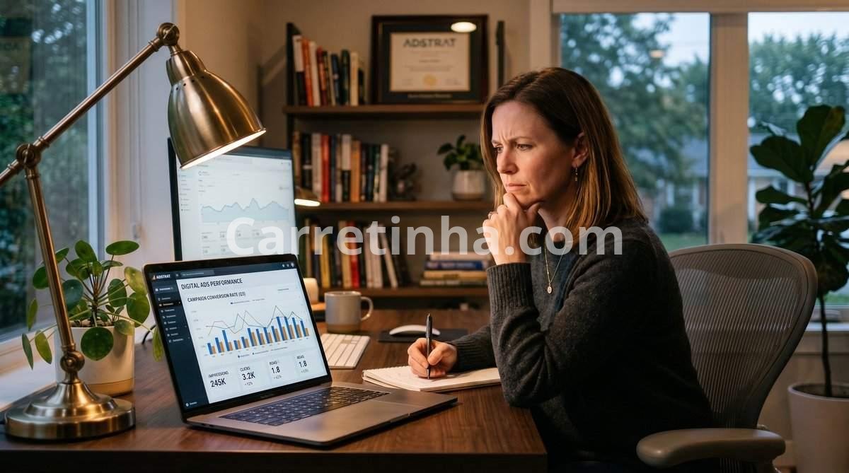 Responsável por uma locadora avalia mensagens de clientes e resultados de divulgação em um computador para identificar quais canais geram oportunidades de negócio.