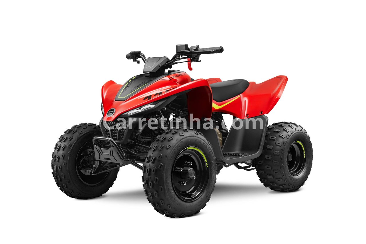 Quadriciclo limpo fotografado em um ambiente externo iluminado, com destaque para a carroceria, os pneus e o conjunto dianteiro.