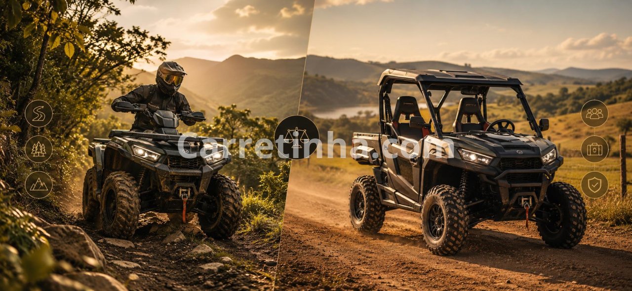 Quadriciclo utilitário e UTV em uma estrada rural, representando a variedade de veículos disponíveis para trabalho e lazer fora de estrada.