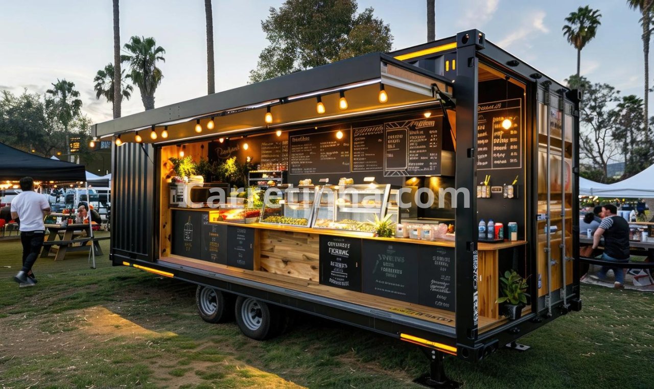 Trailer comercial equipado com balcão de atendimento e estrutura para operar um negócio de alimentação em eventos e pontos autorizados.