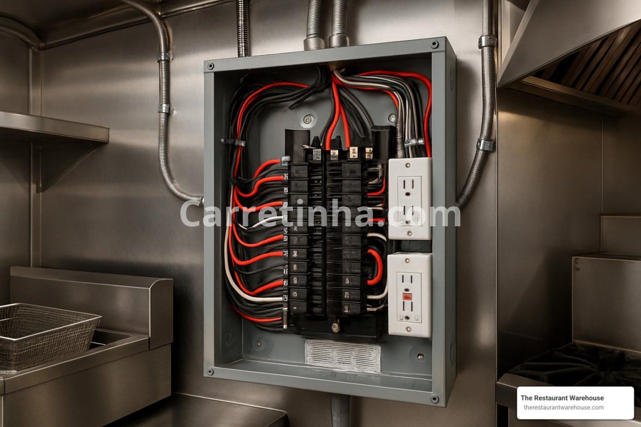 Instalação elétrica organizada em uma cozinha comercial móvel, representando a necessidade de dimensionamento e proteção dos circuitos.