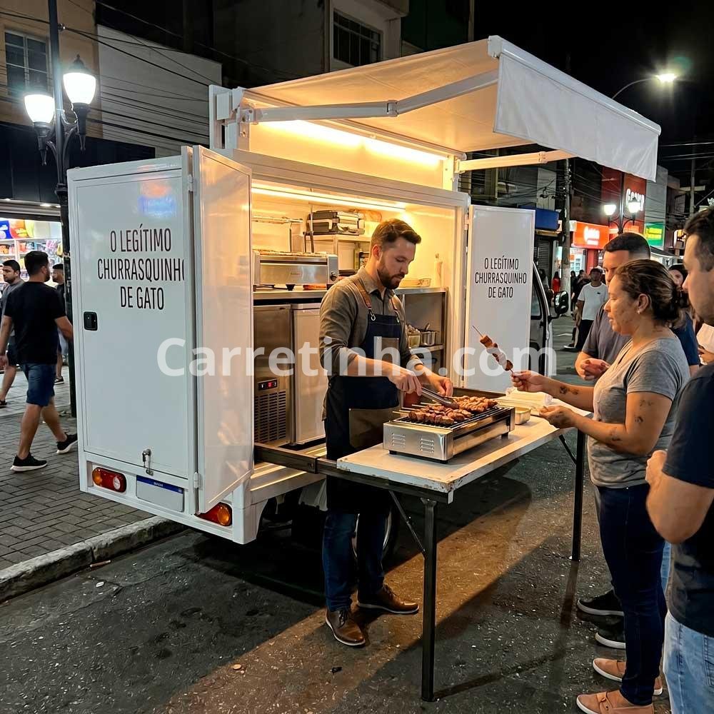 Estrutura compacta de alimentação com área de preparo e churrasqueira comercial, representando uma operação especializada em espetinhos.