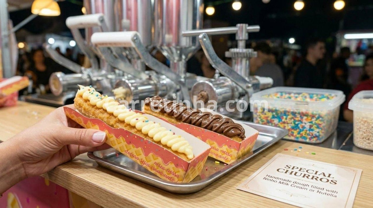 Pequeno ponto móvel de venda de churros com coberturas e apresentação voltada ao público de feiras, passeios e eventos.