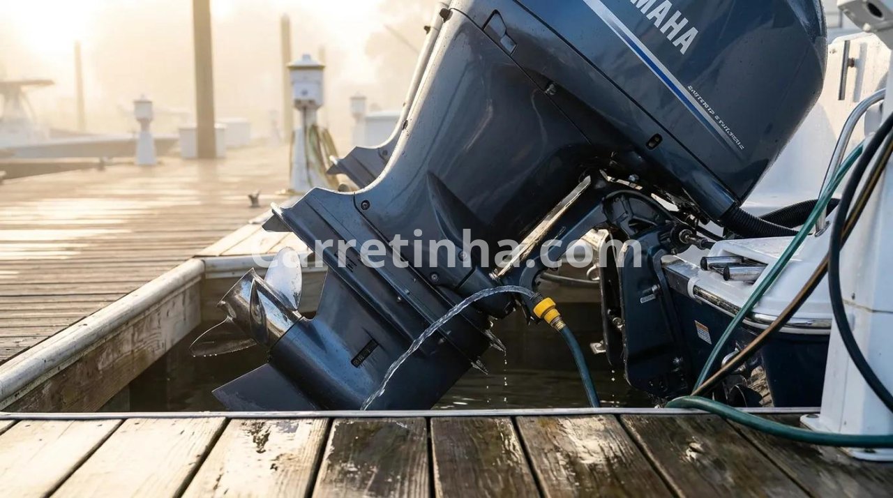 Profissional realizando a lavagem de um motor de popa com água doce em uma área de manutenção de embarcações.
