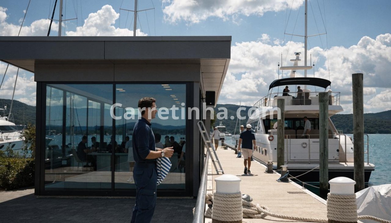 Área de convivência em uma marina, representando os espaços que podem complementar os serviços de guarda de embarcações.