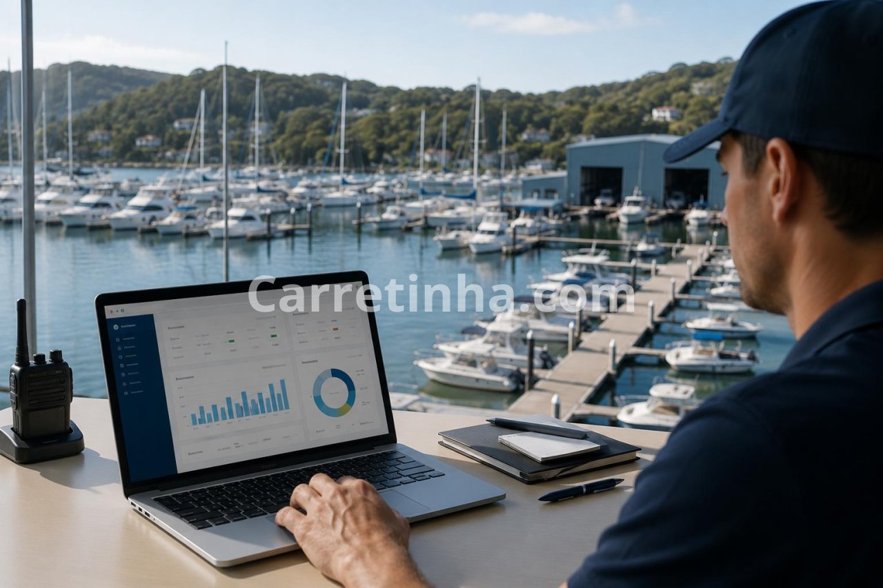 Gestor de marina utilizando um computador para organizar a operação e divulgar serviços de guarda de embarcações.