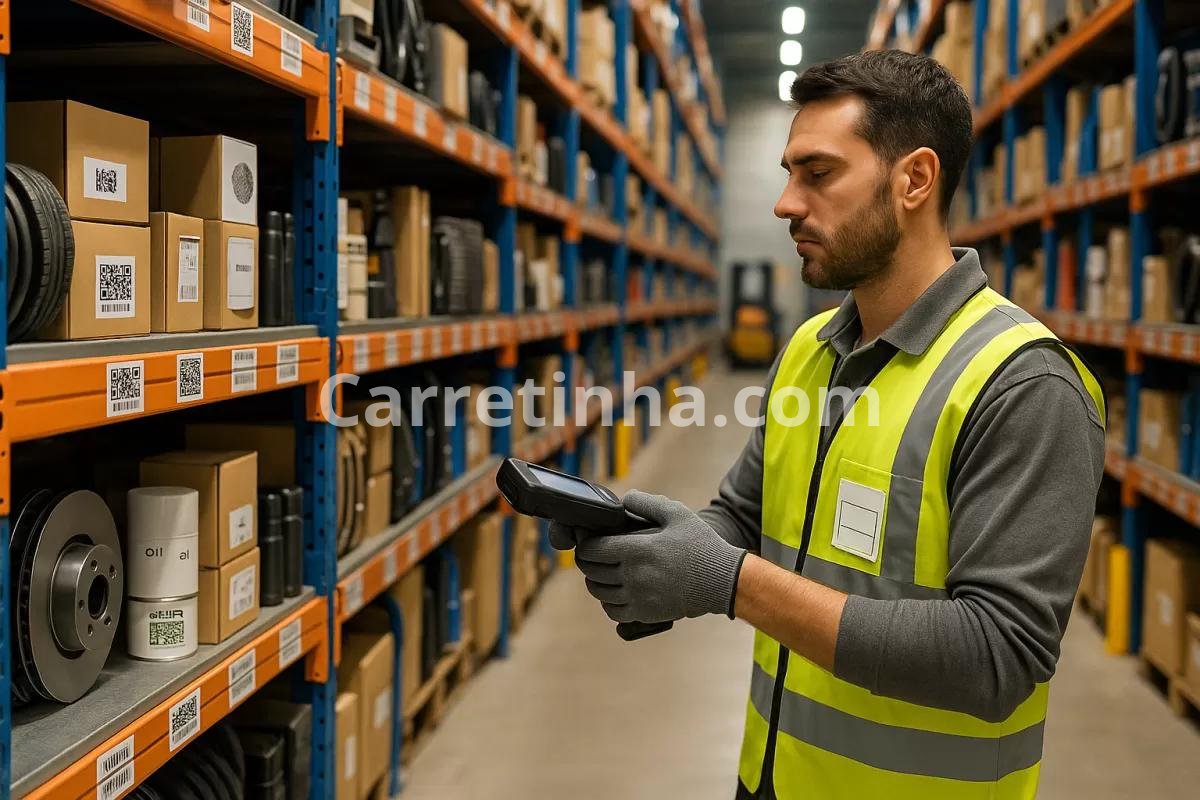 Funcionário de distribuidora conferindo produtos armazenados e preparando componentes para atendimento de pedidos.