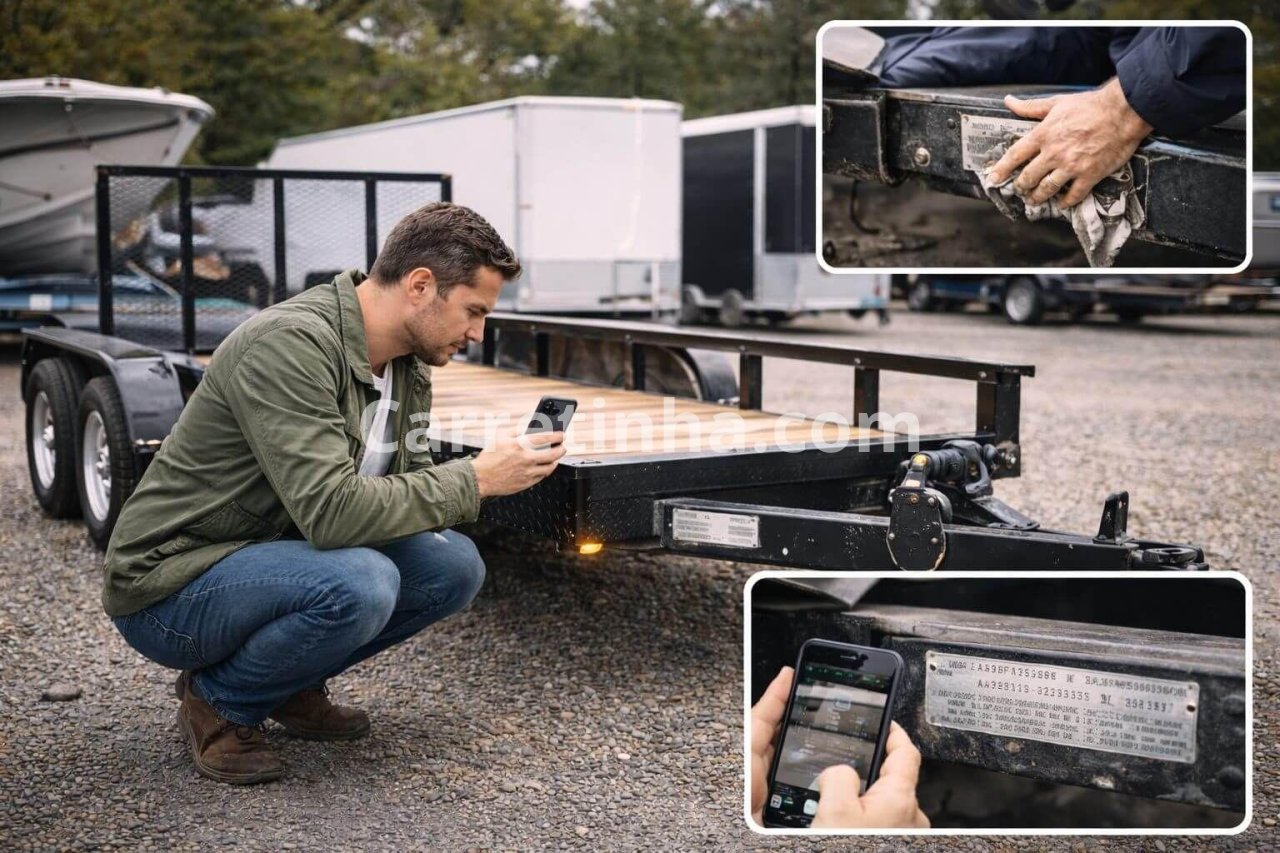 Proprietário fotografando uma carretinha com um celular para mostrar as condições reais do equipamento aos interessados.