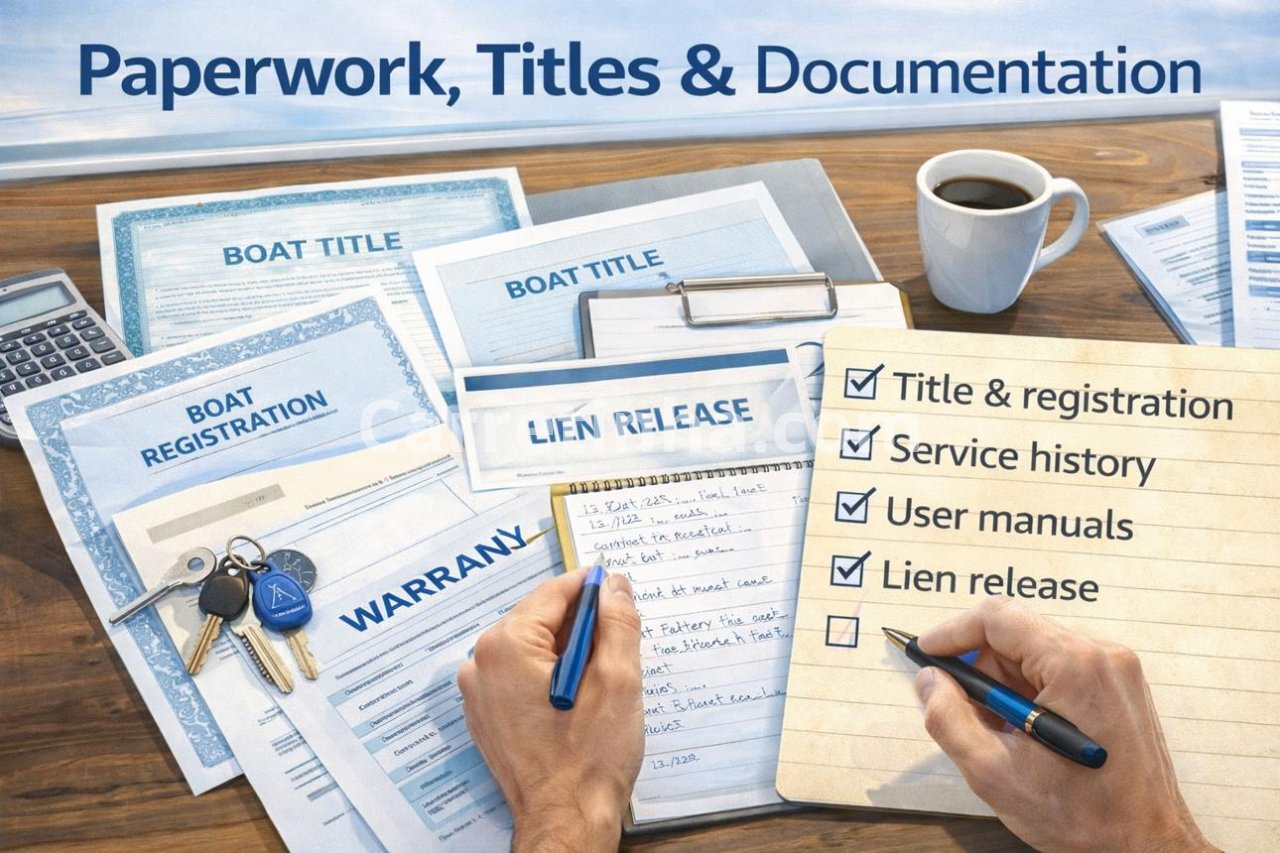 Documentos e chave de uma moto aquática dispostos sobre uma mesa, representando a preparação documental necessária para a negociação.