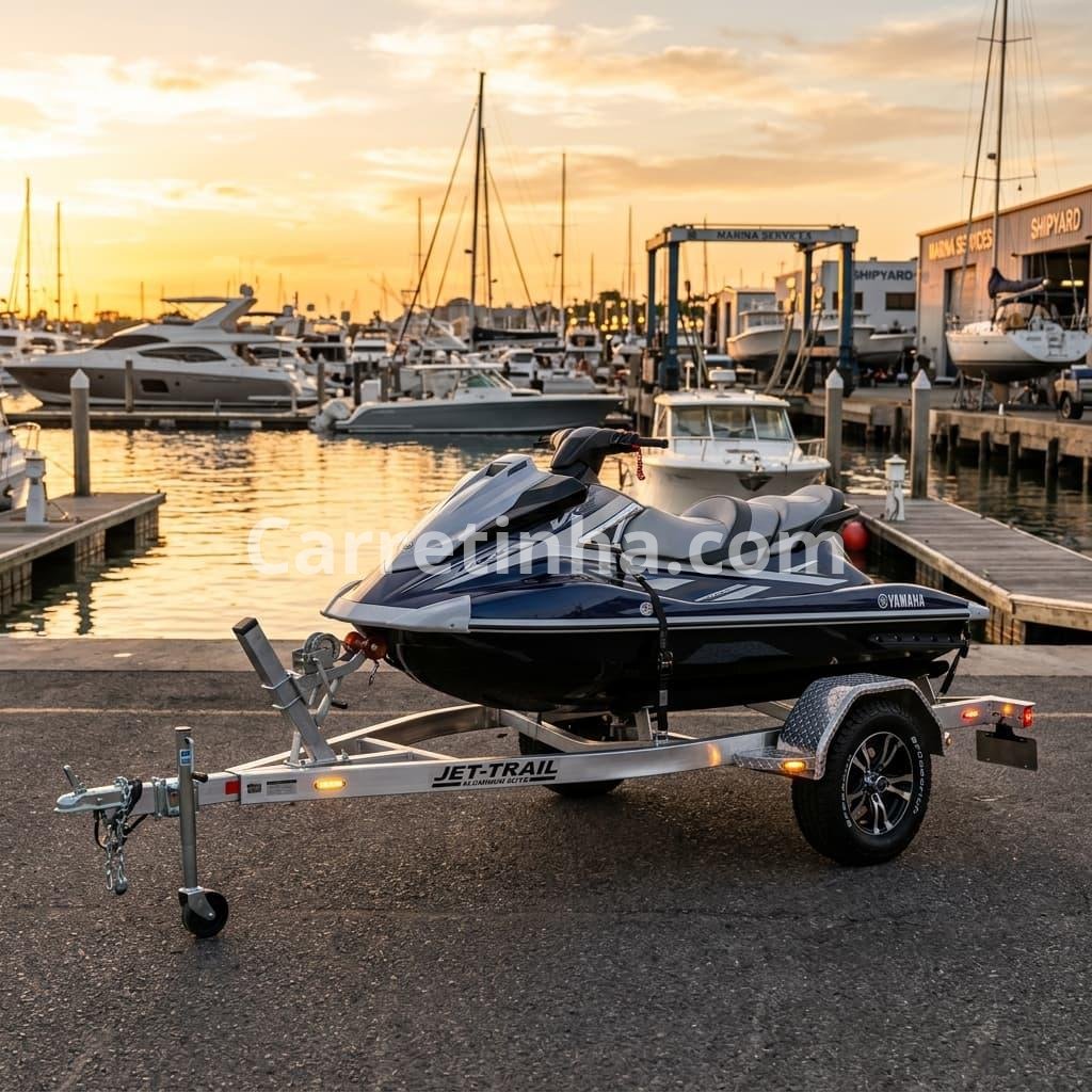 Jet Ski sobre um reboque ao lado de um computador com uma página de classificados náuticos, representando a divulgação digital de equipamentos de lazer.
