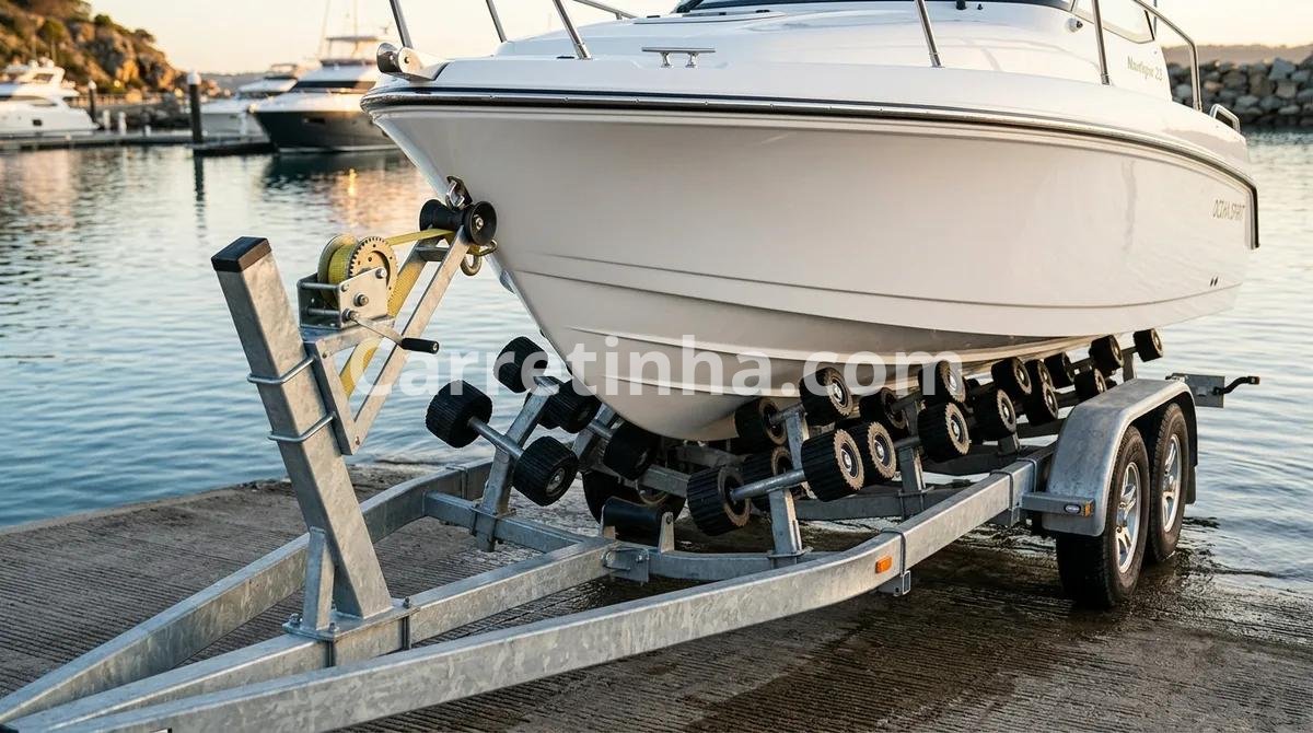 Barco apoiado em um reboque náutico equipado para transportar a embarcação por terra entre a marina, a garagem e a rampa de lançamento.